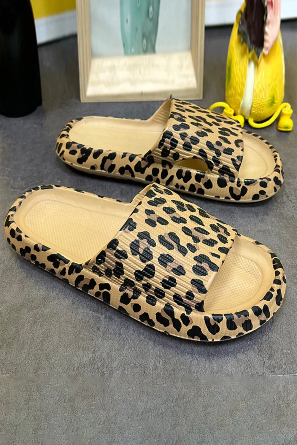 Leopard Print Thick Sole Slip On Slippers Thicken Sole Cloud Cushion Slides