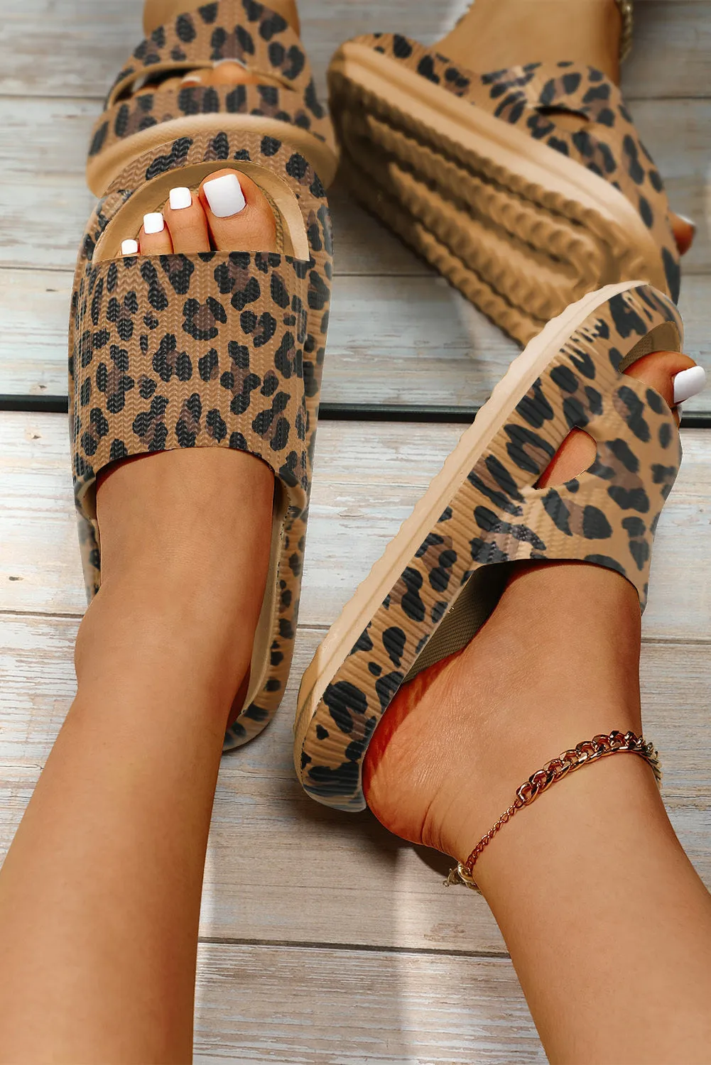 Leopard Print Thick Sole Slip On Slippers Thicken Sole Cloud Cushion Slides
