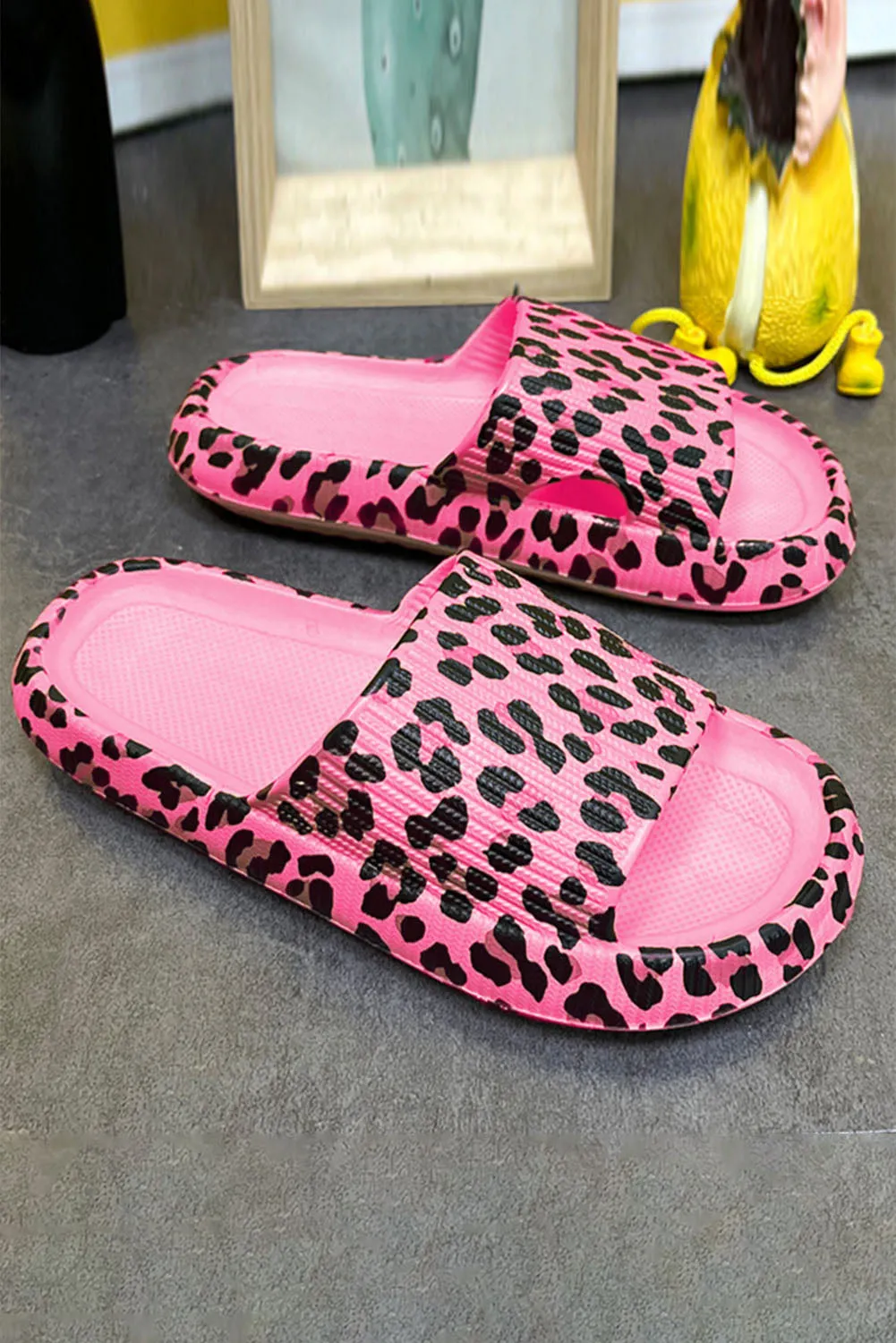 Leopard Print Thick Sole Slip On Slippers Thicken Sole Cloud Cushion Slides
