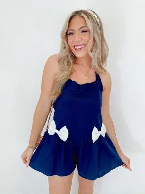 Let's Bow Backless Halter Romper - Navy
