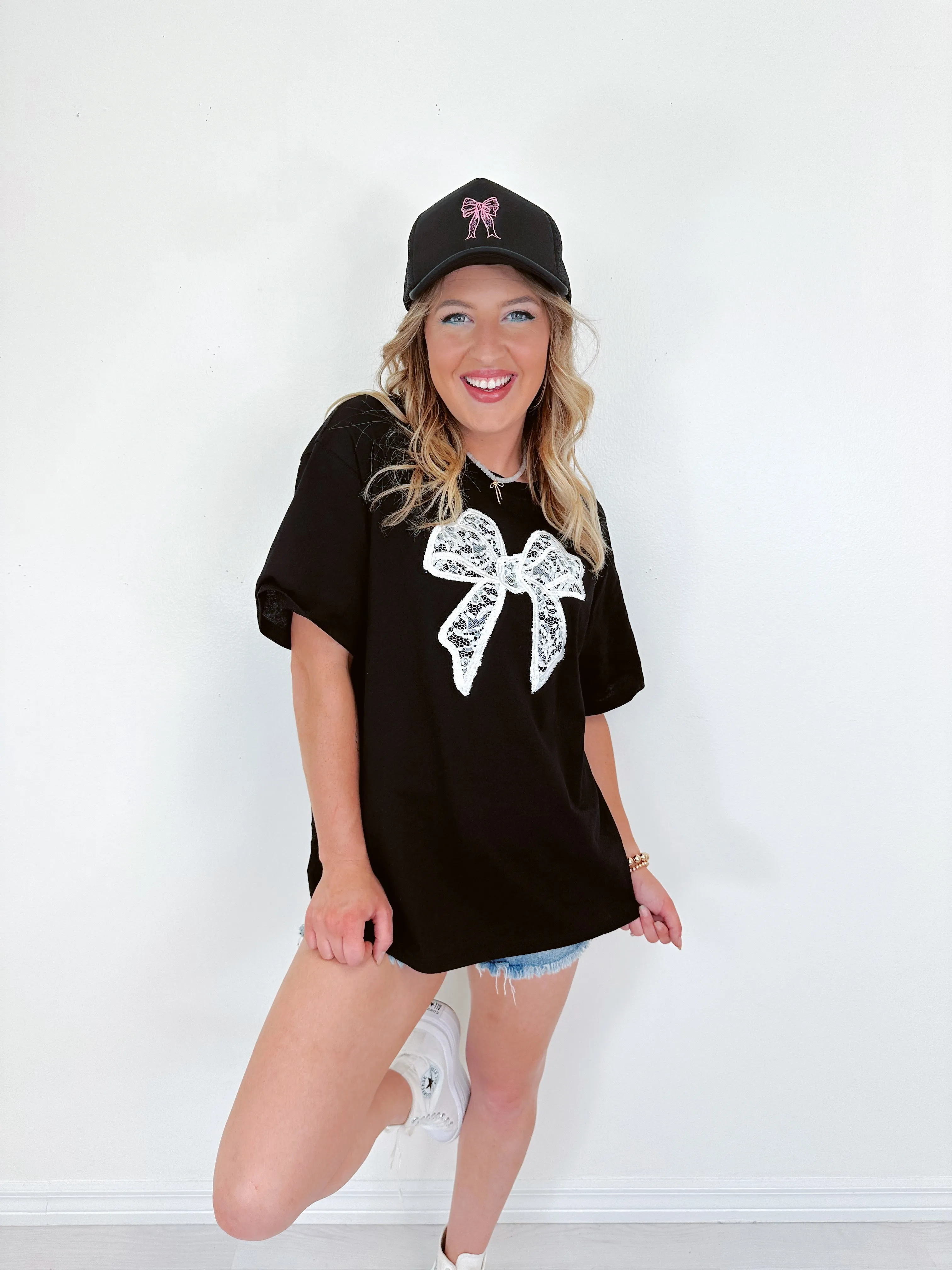 Lorelai Lace Bow Patch Tee - Black