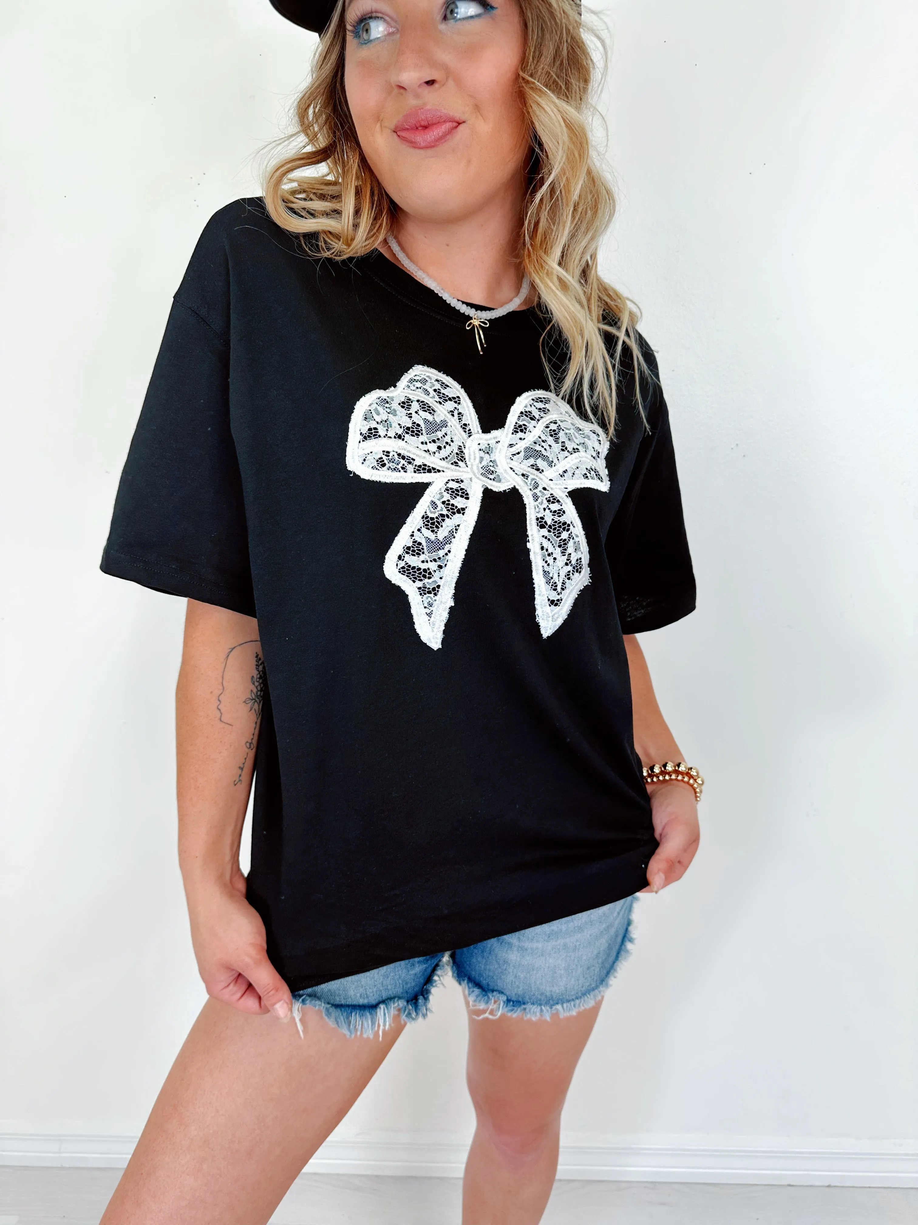 Lorelai Lace Bow Patch Tee - Black