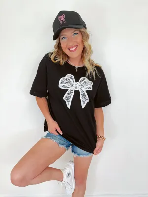 Lorelai Lace Bow Patch Tee - Black