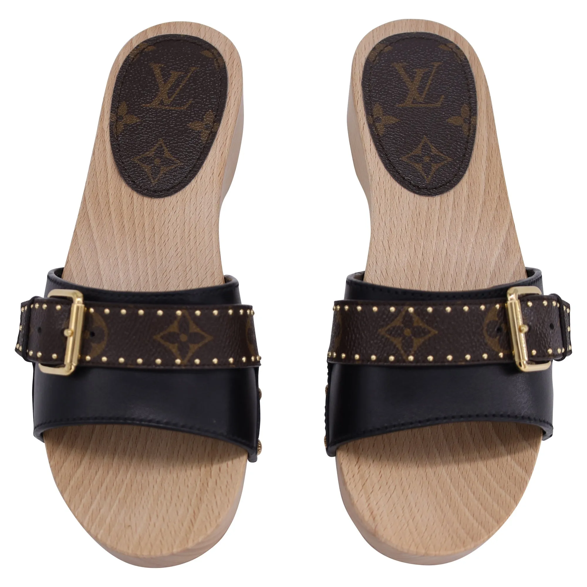 Louis Vuitton Cottage Mule in Black Calfskin Leather and Brown Wood