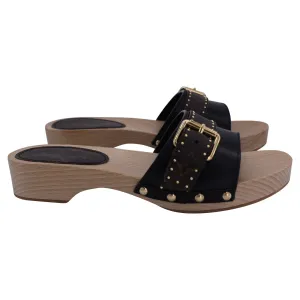 Louis Vuitton Cottage Mule in Black Calfskin Leather and Brown Wood