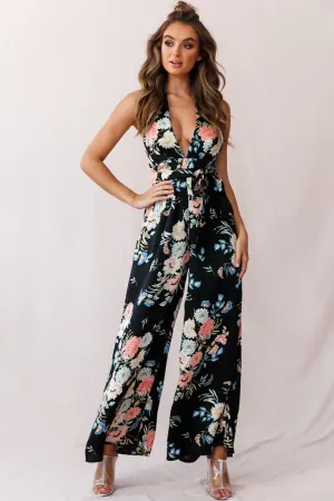Make Me Halterneck Low Back Jumpsuit Floral Print Black