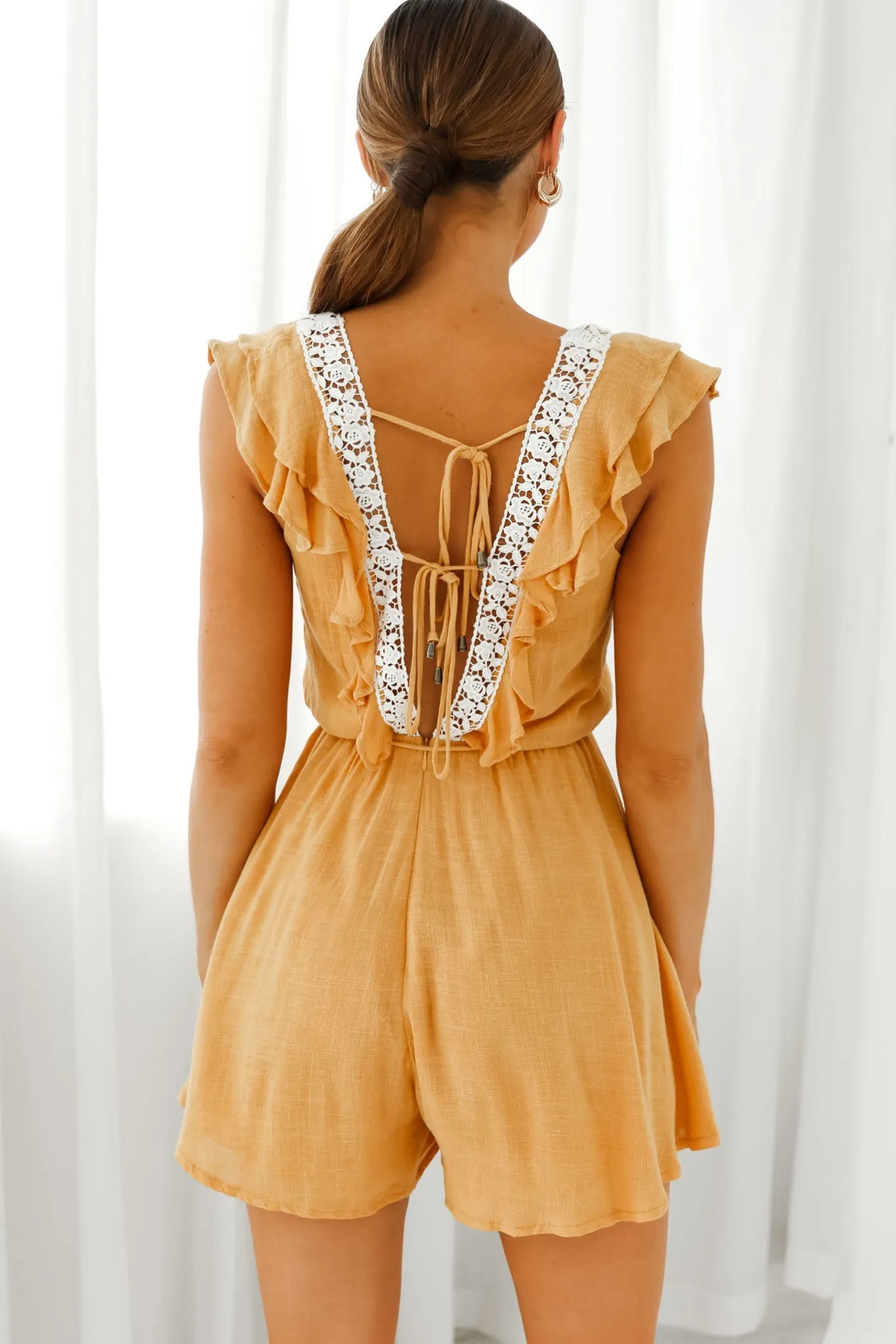Meet Again Crochet Lace Trim Tie-Up Back Romper Mustard