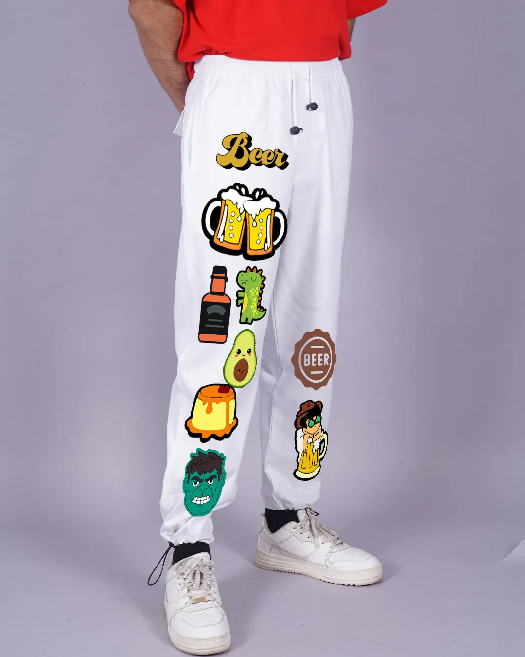 Men White Adjustable Cargo Pants for Foodies