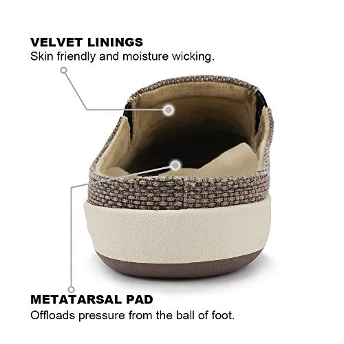 Mens House Slippers with Arch Support, Canvas House Slipper for Men with Suede Insole and Velvet Lining, Slip on Clog House Shoes with Indoor Outdoor Anti-Skid Rubber Sole, Brown