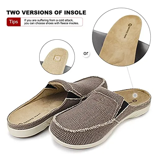 Mens House Slippers with Arch Support, Canvas House Slipper for Men with Suede Insole and Velvet Lining, Slip on Clog House Shoes with Indoor Outdoor Anti-Skid Rubber Sole, Brown