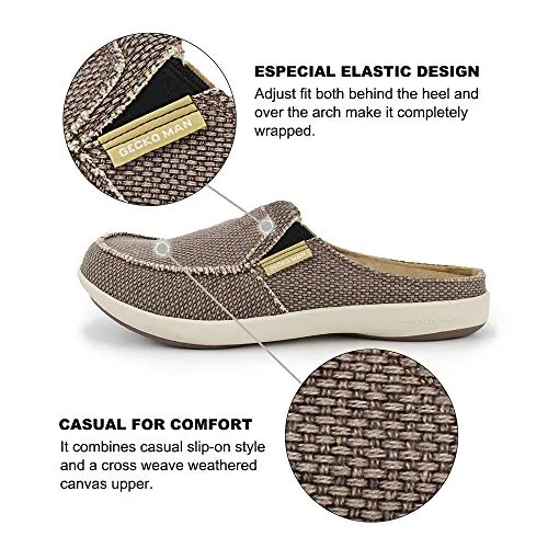 Mens House Slippers with Arch Support, Canvas House Slipper for Men with Suede Insole and Velvet Lining, Slip on Clog House Shoes with Indoor Outdoor Anti-Skid Rubber Sole, Brown