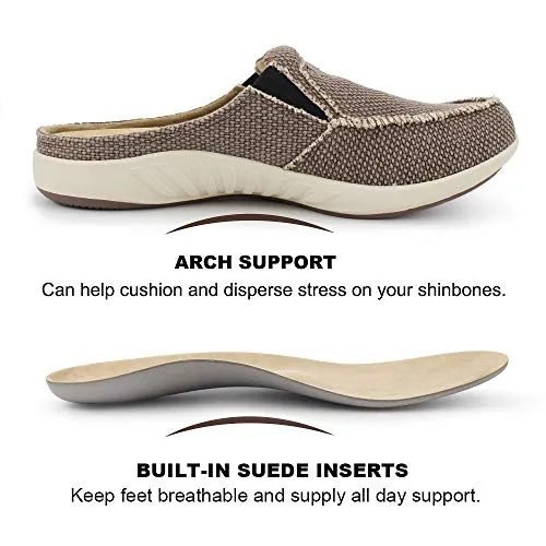 Mens House Slippers with Arch Support, Canvas House Slipper for Men with Suede Insole and Velvet Lining, Slip on Clog House Shoes with Indoor Outdoor Anti-Skid Rubber Sole, Brown