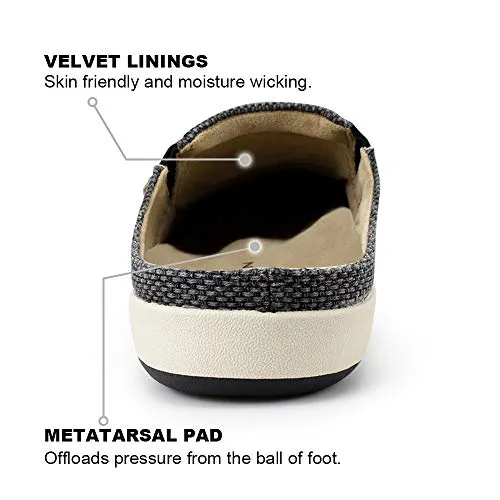 Mens Slippers with Arch Support, Canvas House Slipper for Men with Suede Insole and Velvet Lining, Slip on Clog House Shoes with Indoor Outdoor Anti-Skid Rubber Sole, Black