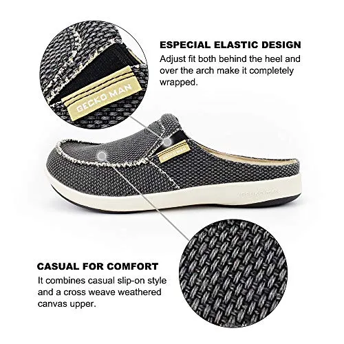Mens Slippers with Arch Support, Canvas House Slipper for Men with Suede Insole and Velvet Lining, Slip on Clog House Shoes with Indoor Outdoor Anti-Skid Rubber Sole, Black