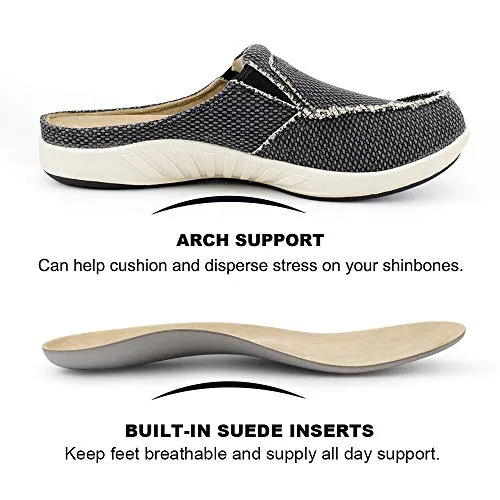 Mens Slippers with Arch Support, Canvas House Slipper for Men with Suede Insole and Velvet Lining, Slip on Clog House Shoes with Indoor Outdoor Anti-Skid Rubber Sole, Black