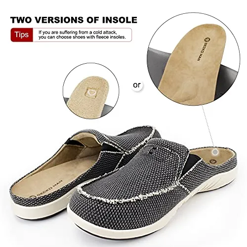 Mens Slippers with Arch Support, Canvas House Slipper for Men with Suede Insole and Velvet Lining, Slip on Clog House Shoes with Indoor Outdoor Anti-Skid Rubber Sole, Black