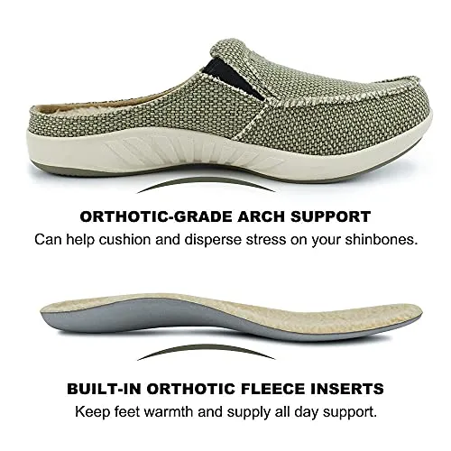 Mens Slippers with Arch Support, Plantar Fasciitis Slipper for Men with Cozy Fuzzy Wool and Velvet Lining, Canvas Slip On Clog House Shoes with Indoor Outdoor Anti-Skid Rubber Sole, Light Olive, 8.5