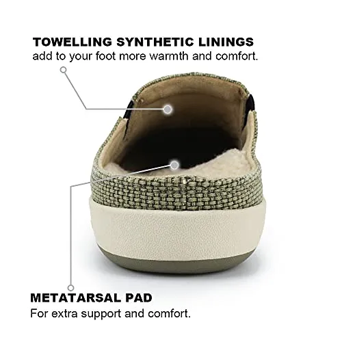 Mens Slippers with Arch Support, Plantar Fasciitis Slipper for Men with Cozy Fuzzy Wool and Velvet Lining, Canvas Slip On Clog House Shoes with Indoor Outdoor Anti-Skid Rubber Sole, Light Olive, 8.5