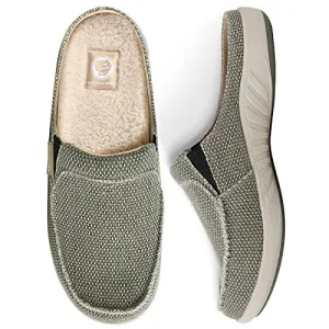 Mens Slippers with Arch Support, Plantar Fasciitis Slipper for Men with Cozy Fuzzy Wool and Velvet Lining, Canvas Slip On Clog House Shoes with Indoor Outdoor Anti-Skid Rubber Sole, Light Olive, 8.5
