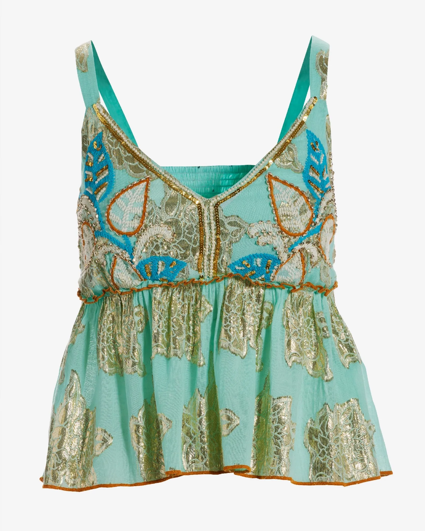 Metallic Gold Embroidered Tank Light Blue Multi