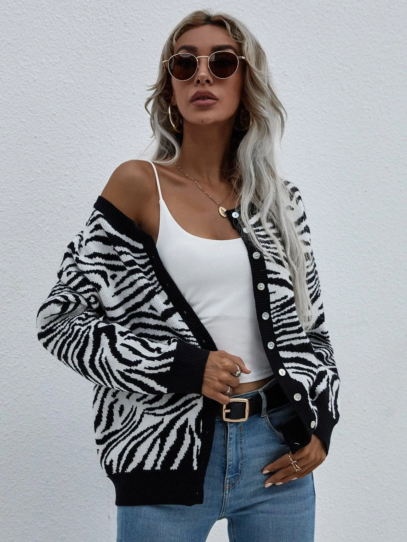 Modern Elegance Button Down Zebra Print Cardigan