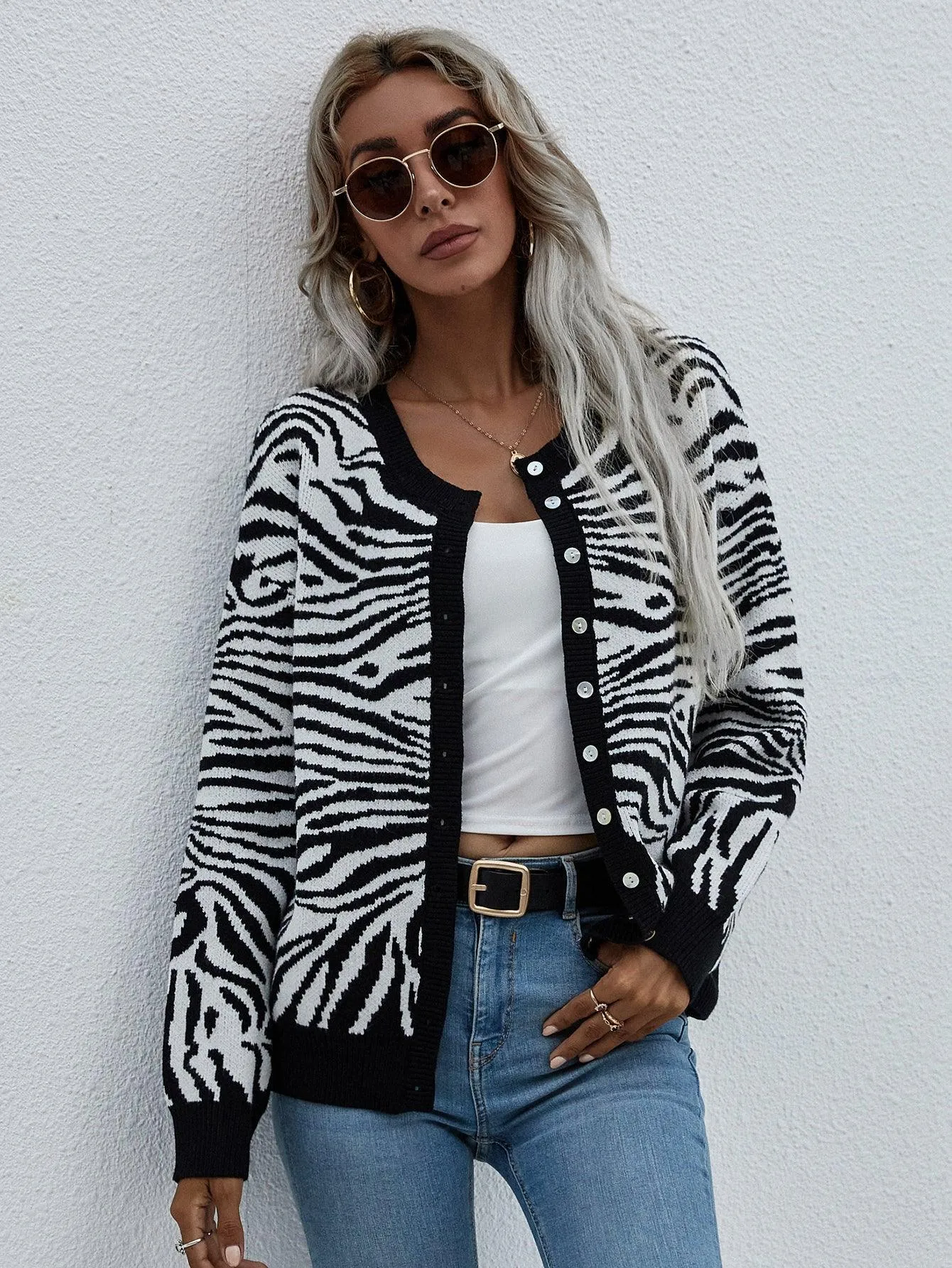 Modern Elegance Button Down Zebra Print Cardigan
