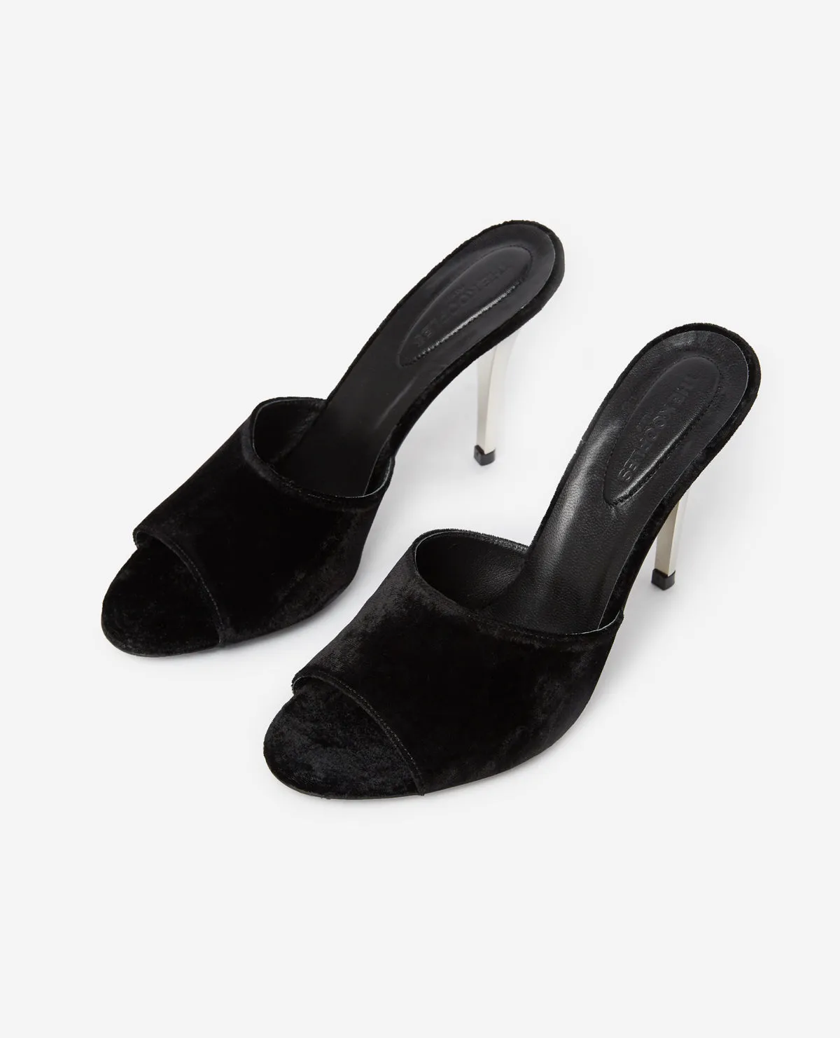Mules ouvertes en velours à talon métalliques