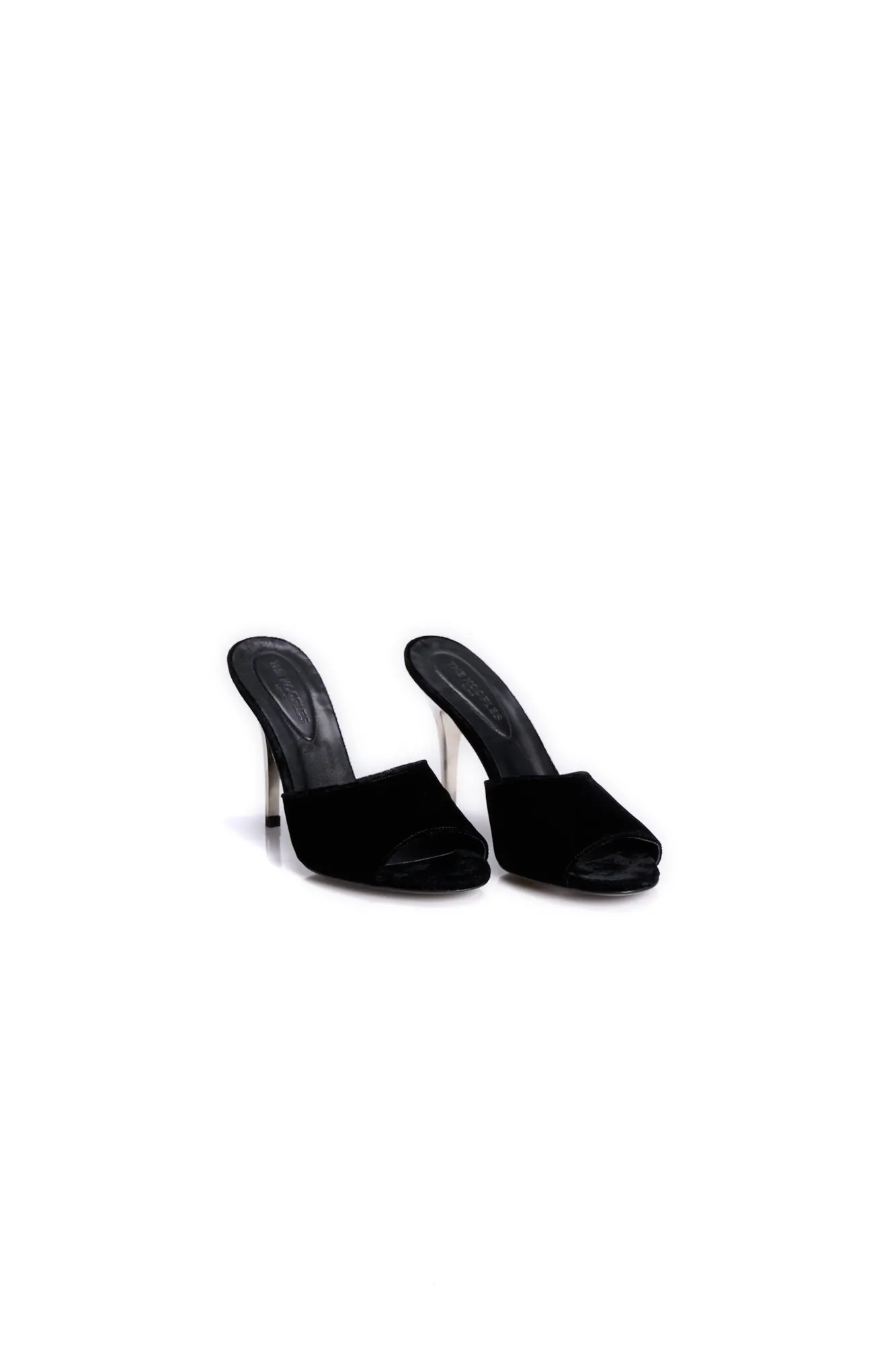 Mules ouvertes en velours à talon métalliques