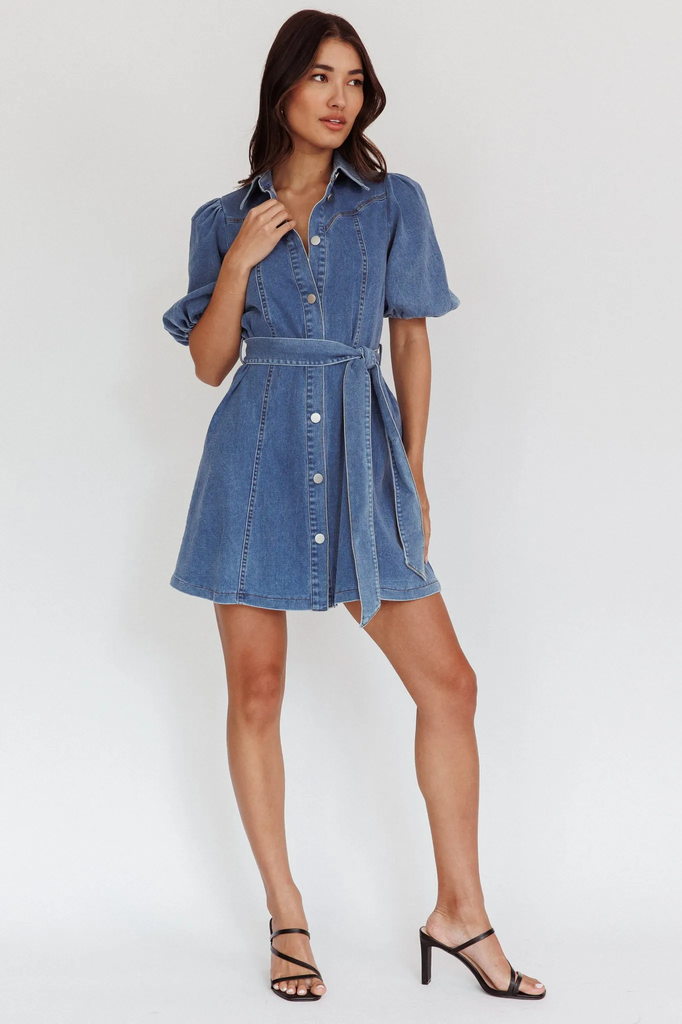 Myleigh Puff Sleeve Waist Tie Mini Dress Denim Blue