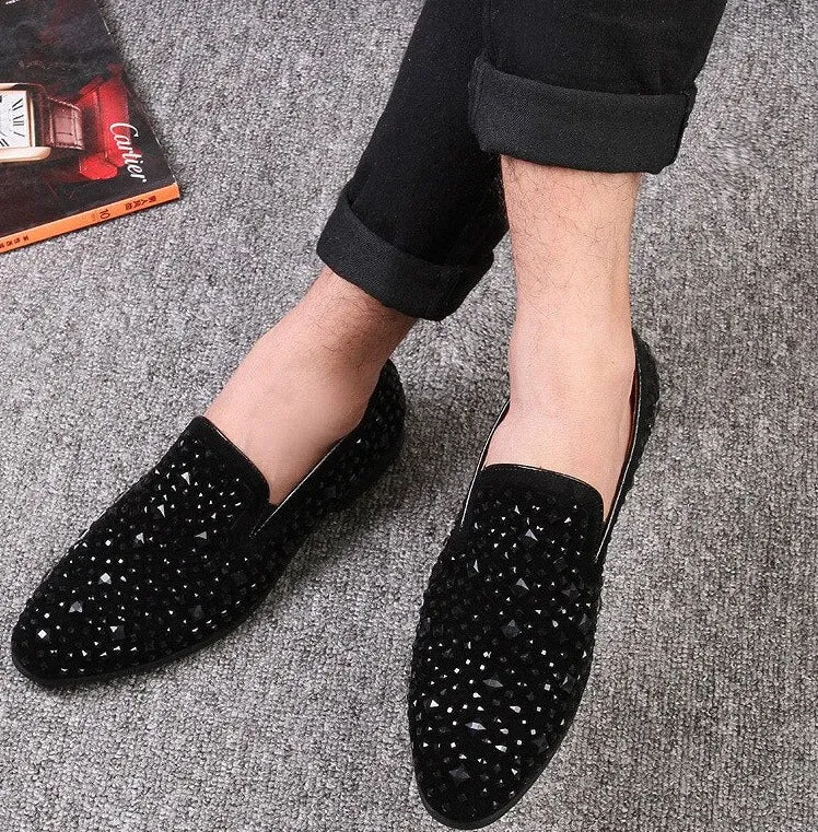 New Black Spikes Luxury Men's Loafers 2023 Fashion Party Flats