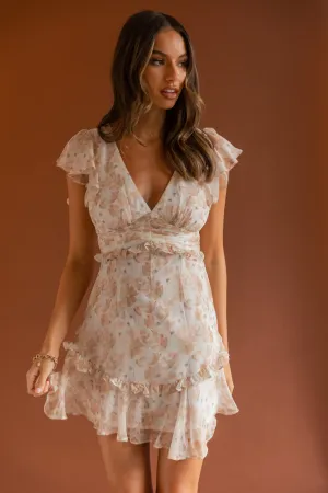 New Dawn Frill Shoulder Mini Dress Floral Mocha