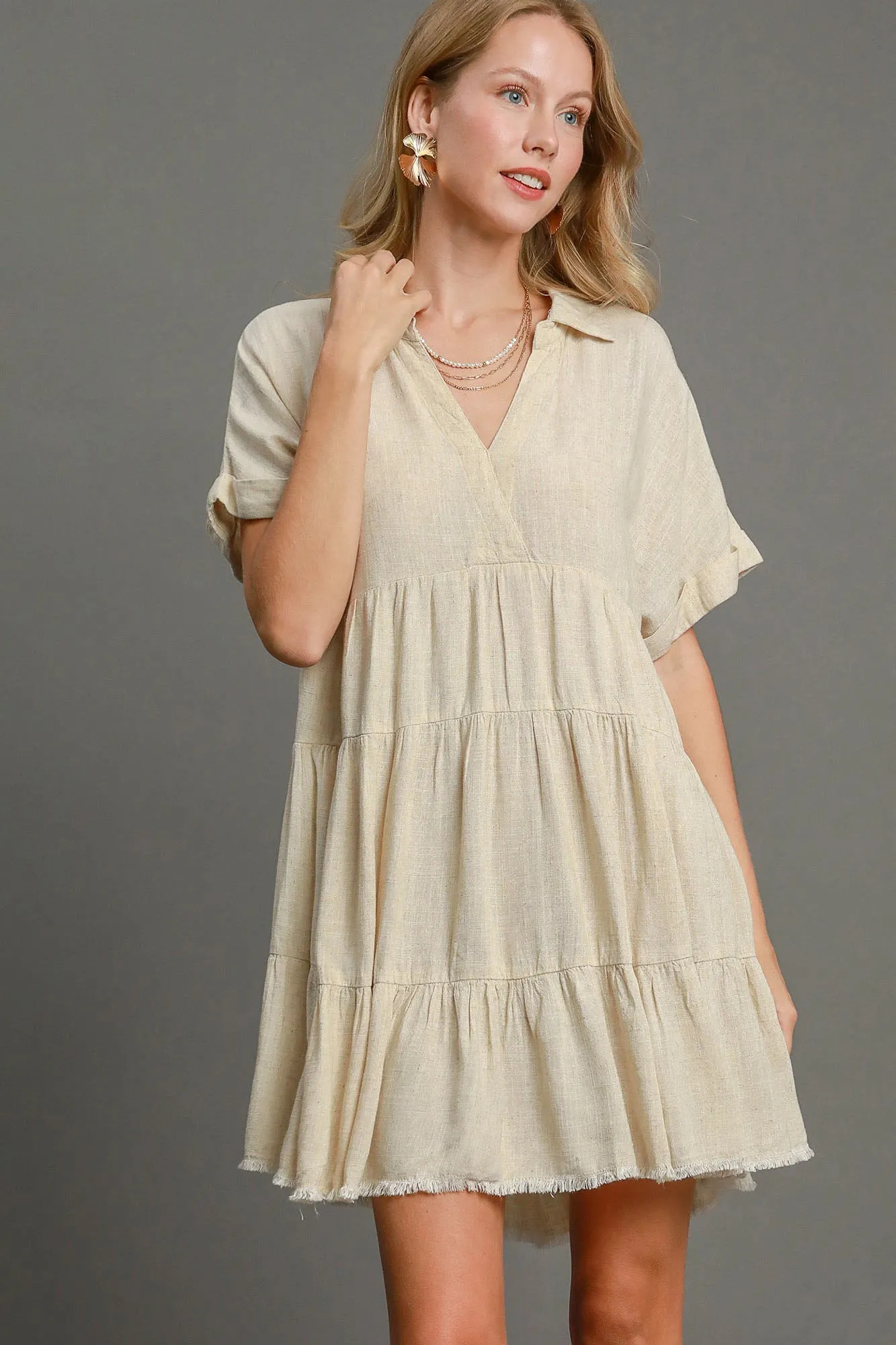 Own Your Fashion Oatmeal Raw Hem Tiered Dress