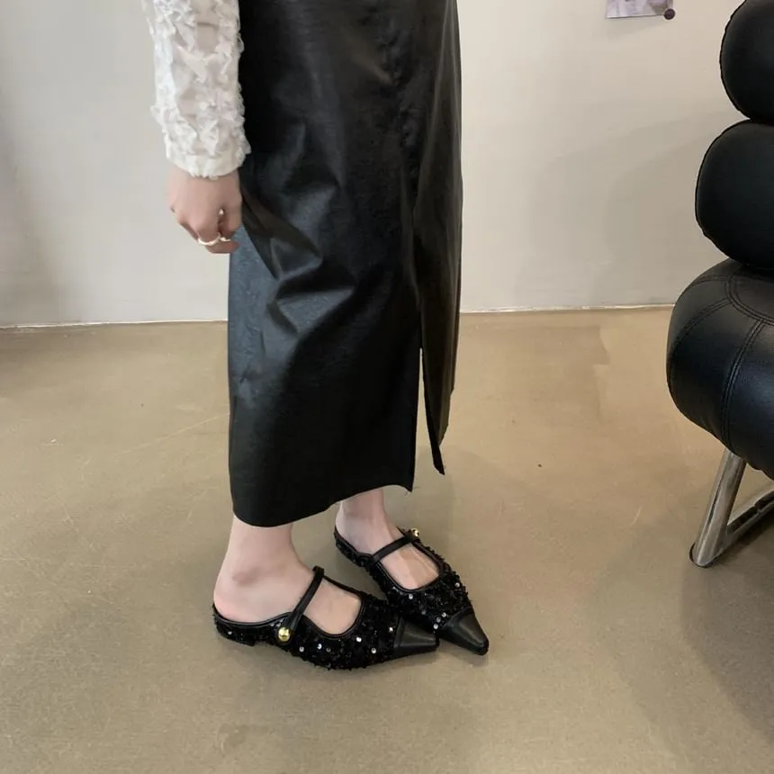 Pointed Toe Sequin Low Heel Mary Jane Mules