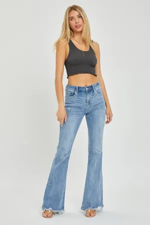 Risen High Rise Frayed Hem Flare Jeans
