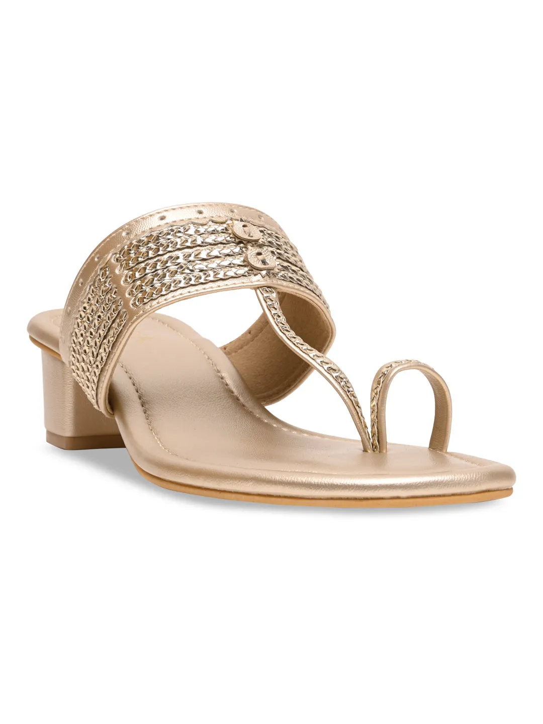 Rocia By Regal Gold Women Kolhapuri Block Heel Sandals