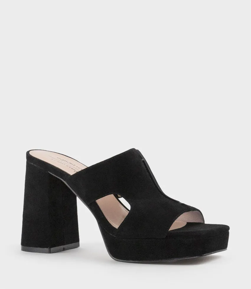 RYLIE95 Platform Slide with Cut-out in Black Suede