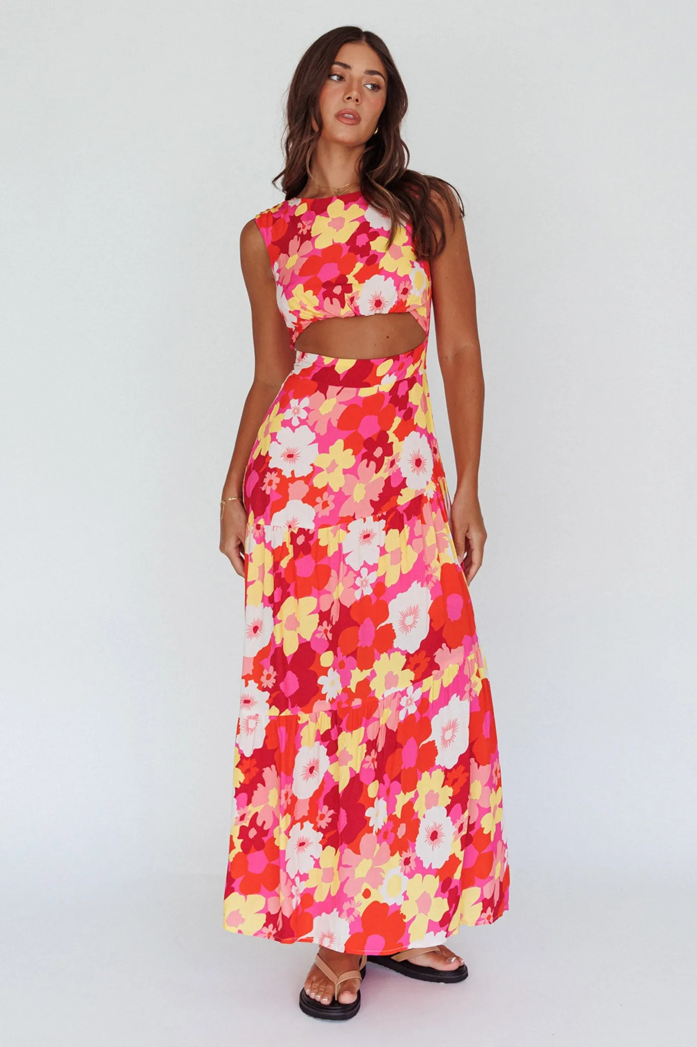 Shaniqua Cut-Out Sleeveless Midi Dress Floral Pink