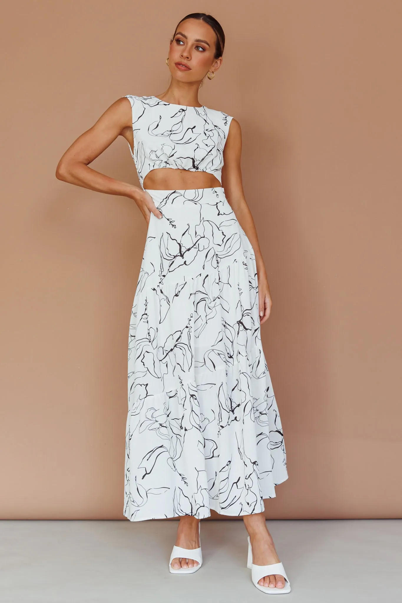Shaniqua Cut-Out Sleeveless Midi Dress Print White