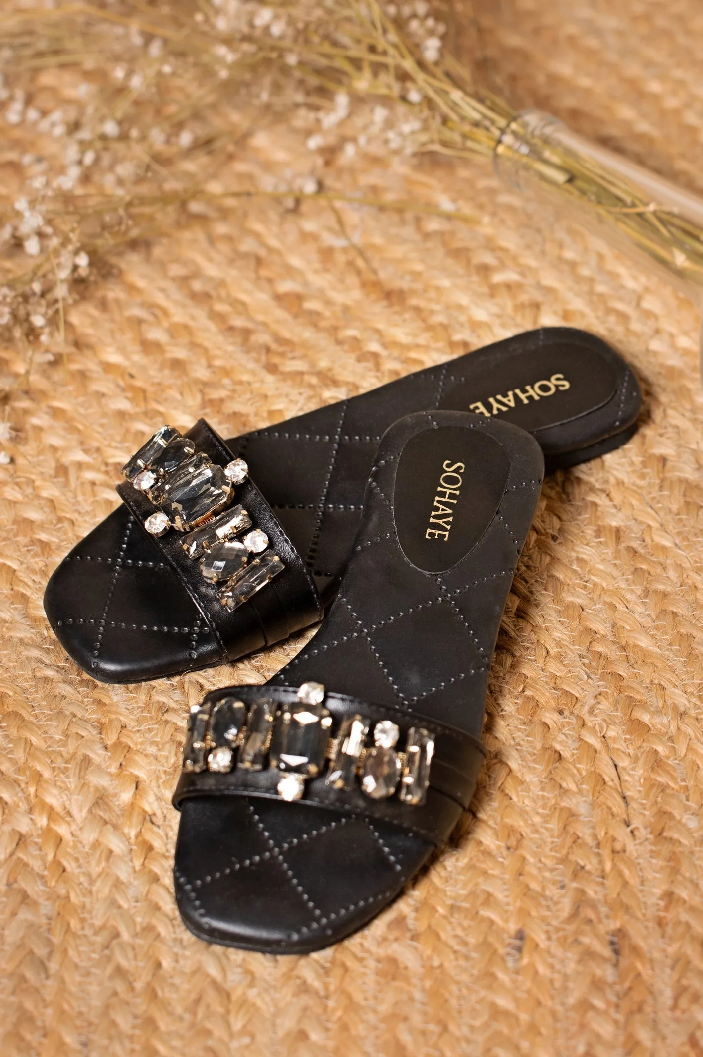 Sohaye Embellished Slides for Women's SKU: FWSL004-BLACK