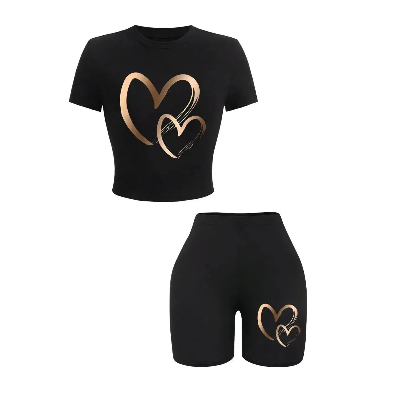 Summer Women Slim-fit T-Shirts & Shorts 2 Pieces Set Hearts Print Fashion Soft High Elastic Clothes