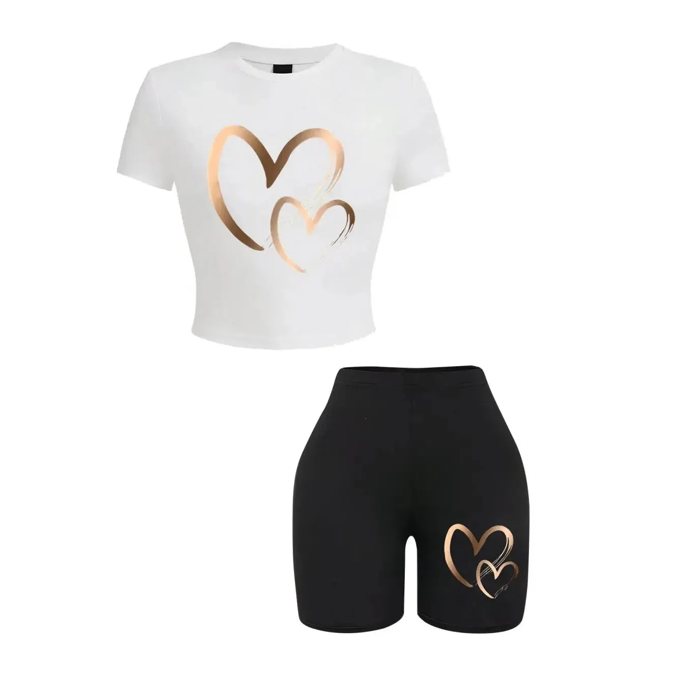 Summer Women Slim-fit T-Shirts & Shorts 2 Pieces Set Hearts Print Fashion Soft High Elastic Clothes