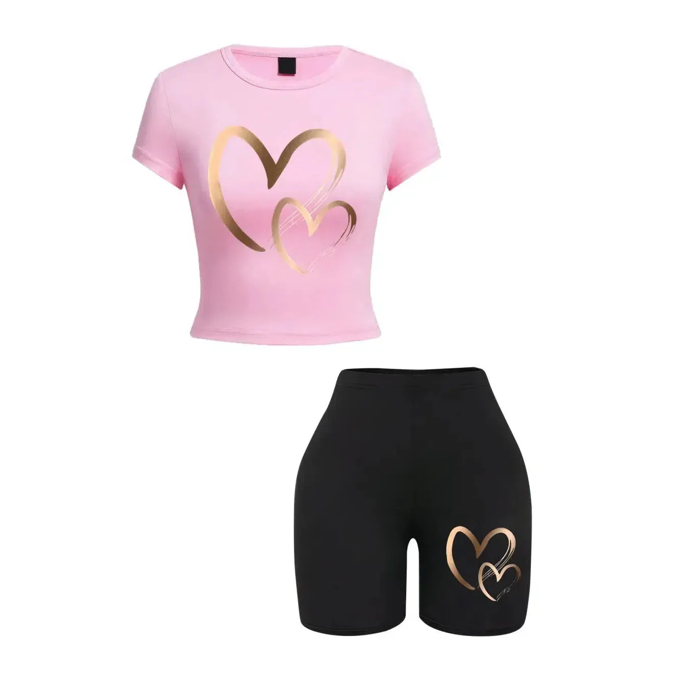 Summer Women Slim-fit T-Shirts & Shorts 2 Pieces Set Hearts Print Fashion Soft High Elastic Clothes