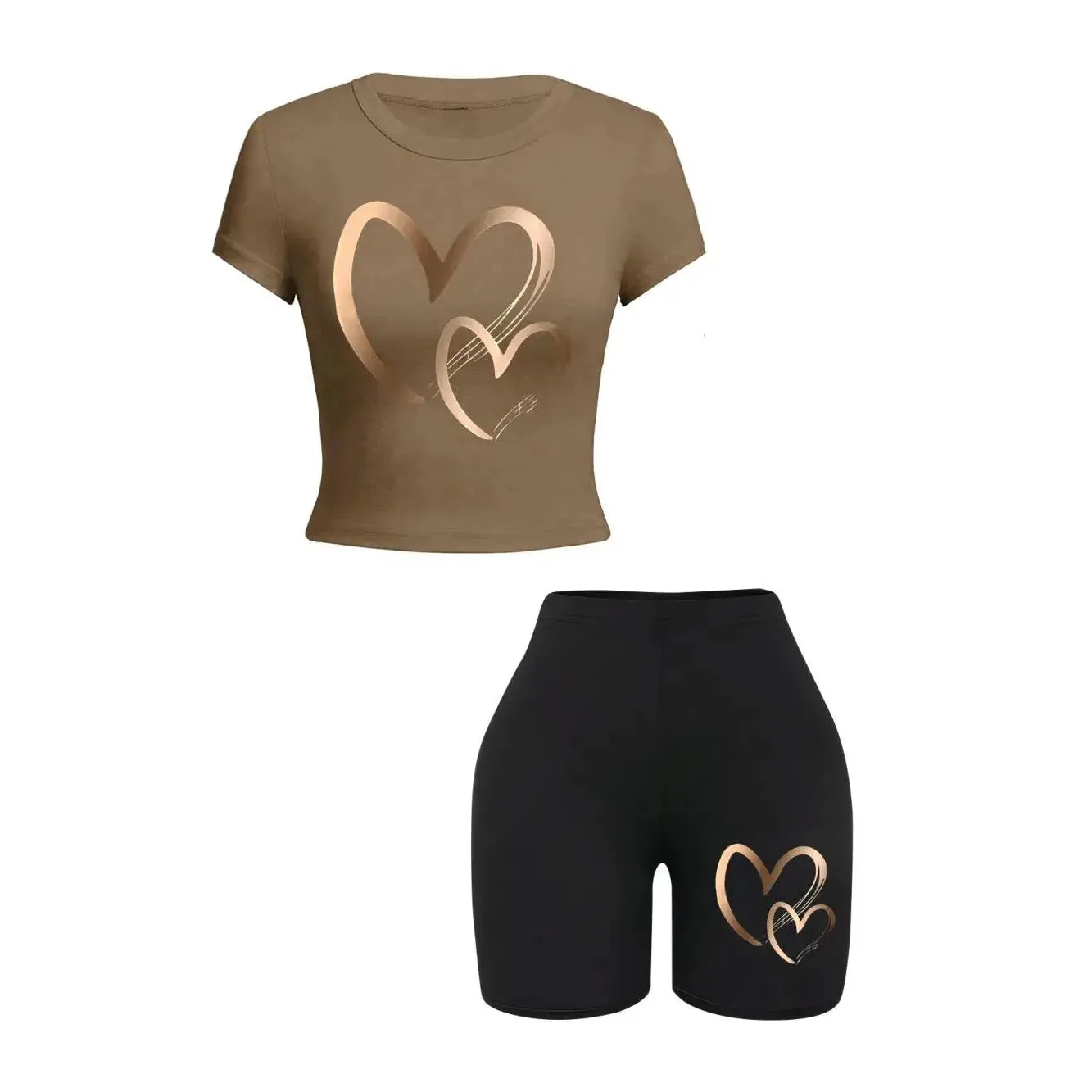 Summer Women Slim-fit T-Shirts & Shorts 2 Pieces Set Hearts Print Fashion Soft High Elastic Clothes