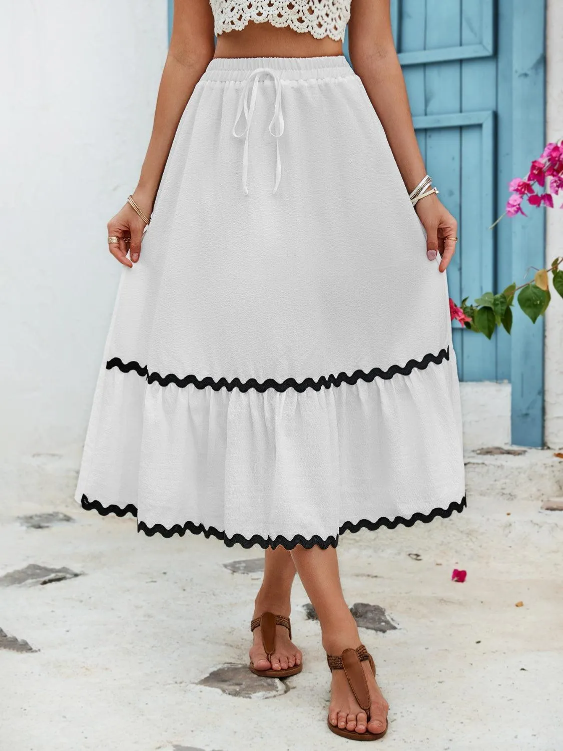 Sway With Ease High Waist White A Line Midi Skirt