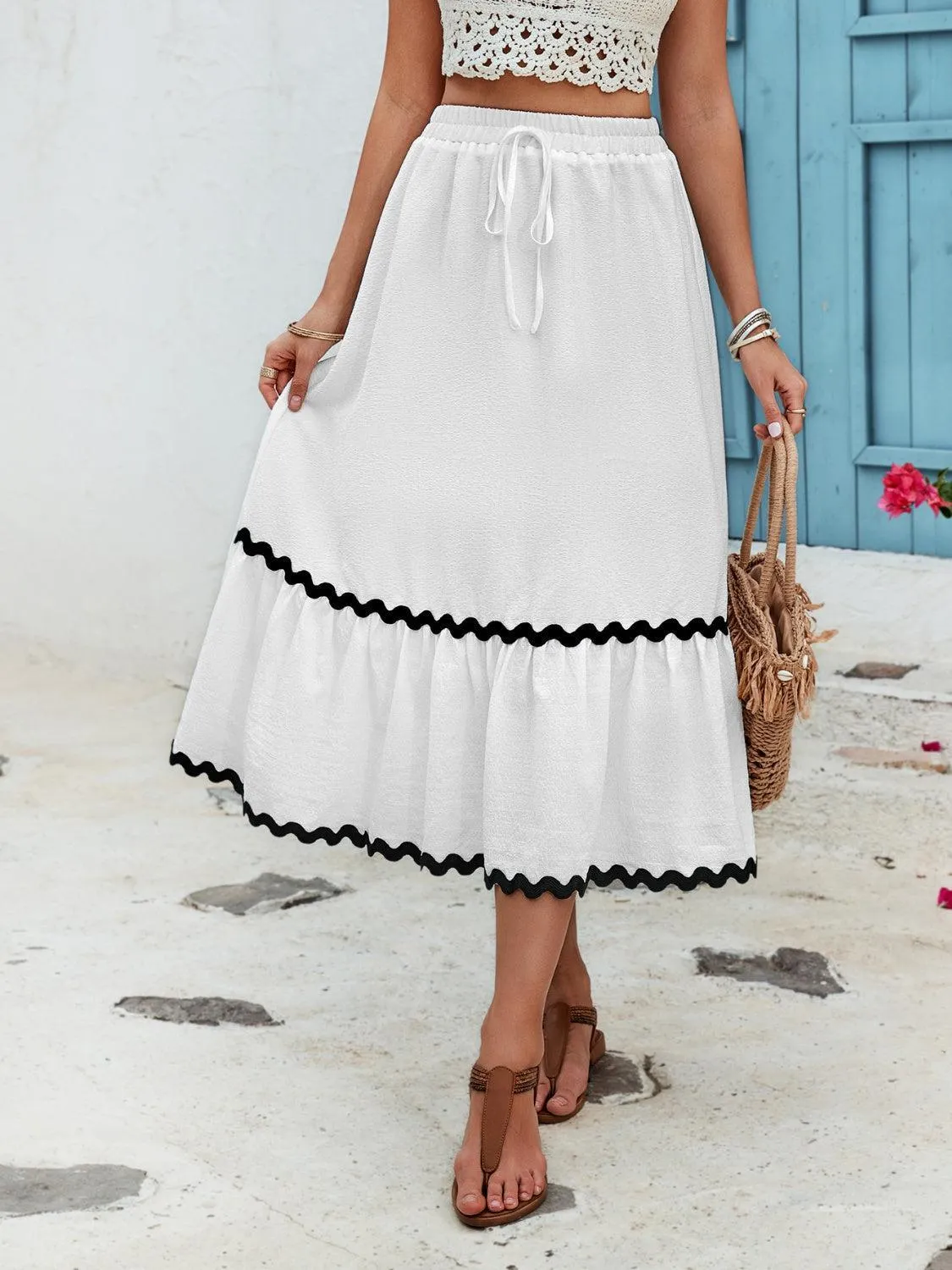 Sway With Ease High Waist White A Line Midi Skirt