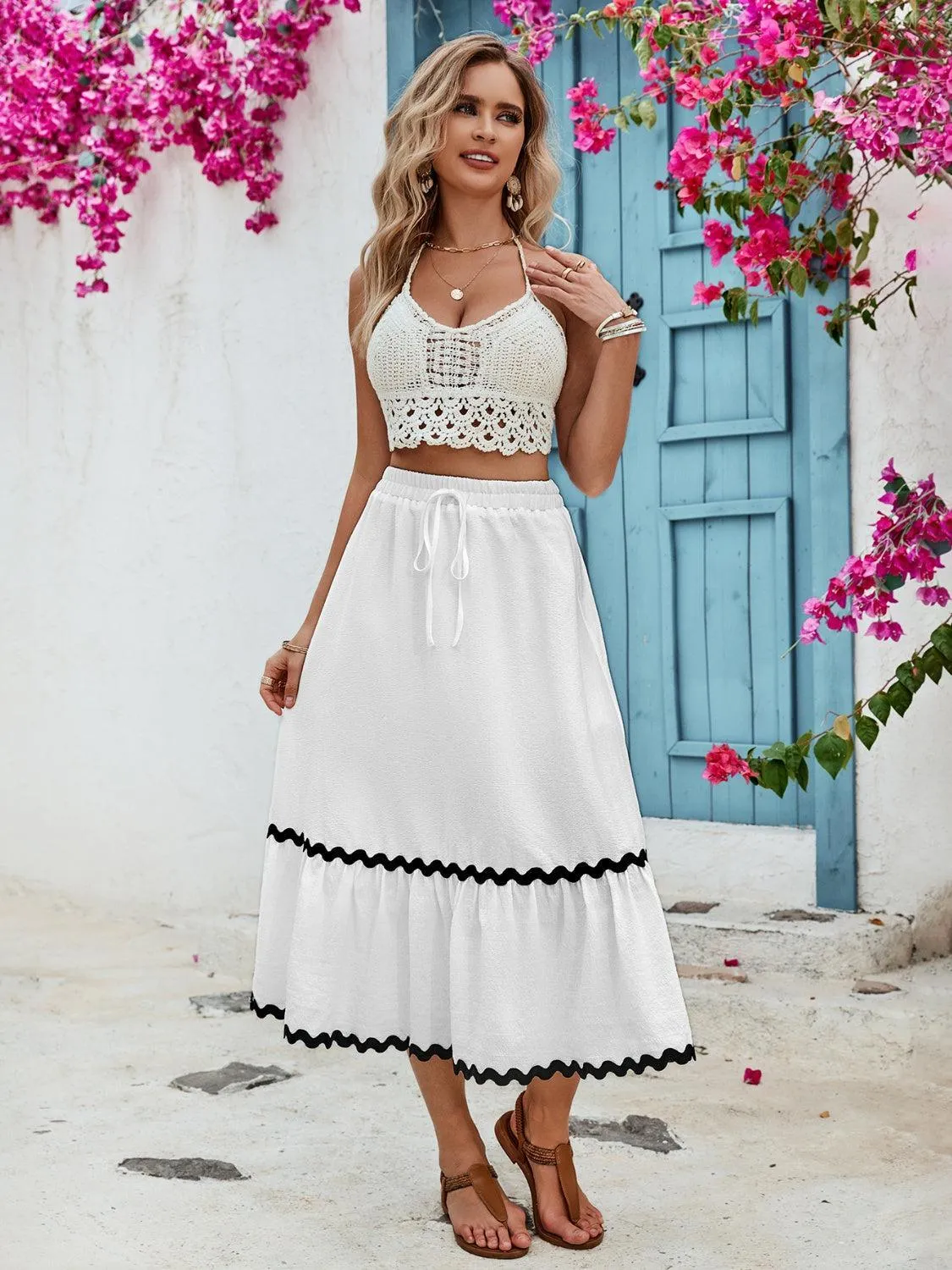 Sway With Ease High Waist White A Line Midi Skirt