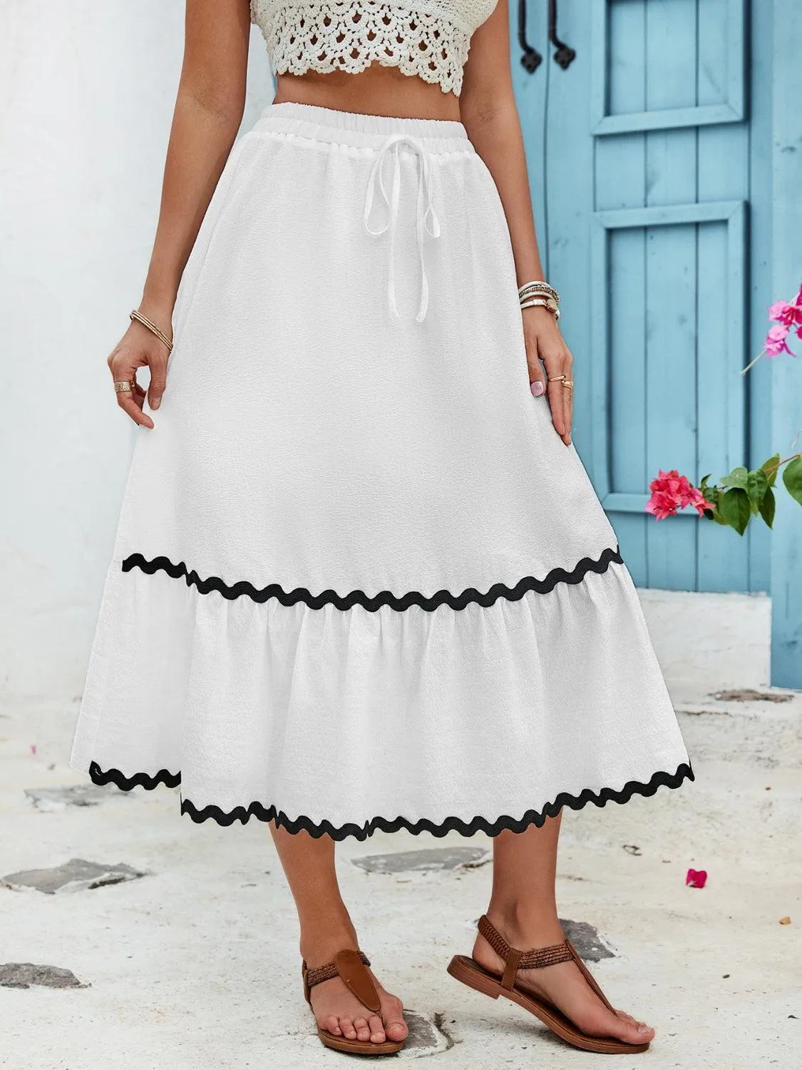 Sway With Ease High Waist White A Line Midi Skirt