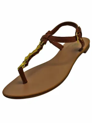 Tan Womens Thong Sandal With Gold Braid Strap Size 6