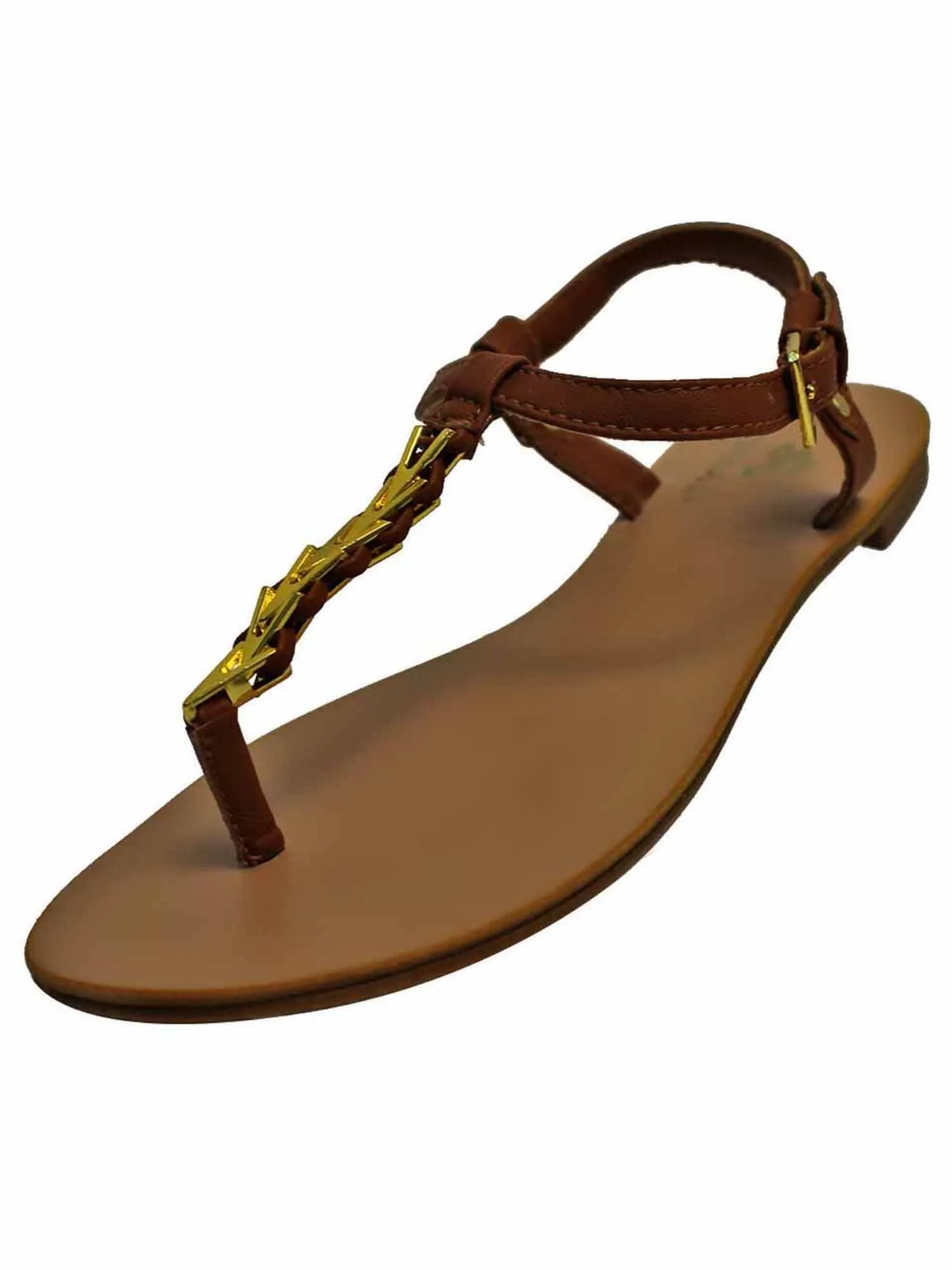 Tan Womens Thong Sandal With Gold Braid Strap Size 6