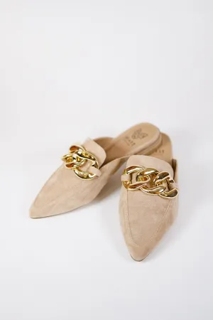 Taupe Suede Chain Pointed Mules